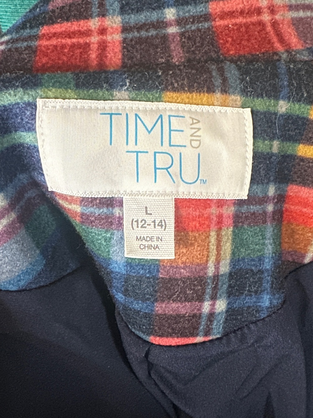 Time and Tru Red Navy Green Plaid Double-Breasted Peacoat with Yellow Accents - Picture 2 of 6